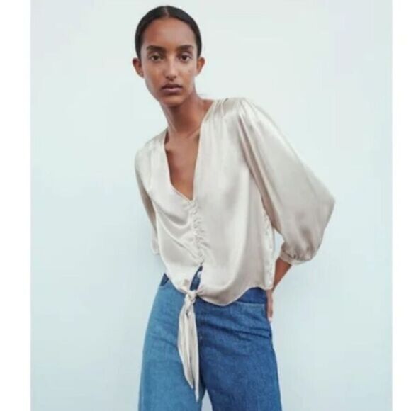 Zara Satin Effect Front Tie Knot Button Up Crop Top - Picture 1 of 9